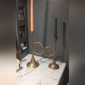 Pair of Beautiful Horn Shaped Vintage Brass Candlestick Holders